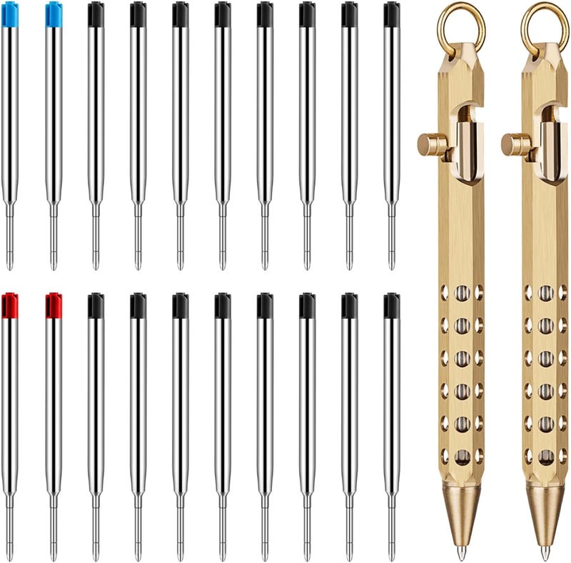 Origin-Joy 2 Pack Bolt Action Pen Set, Six Edge Solid Brass EDC Pocket Tactical Pen With 20 Ballpoint Refills (Natural Brass) - Image 1